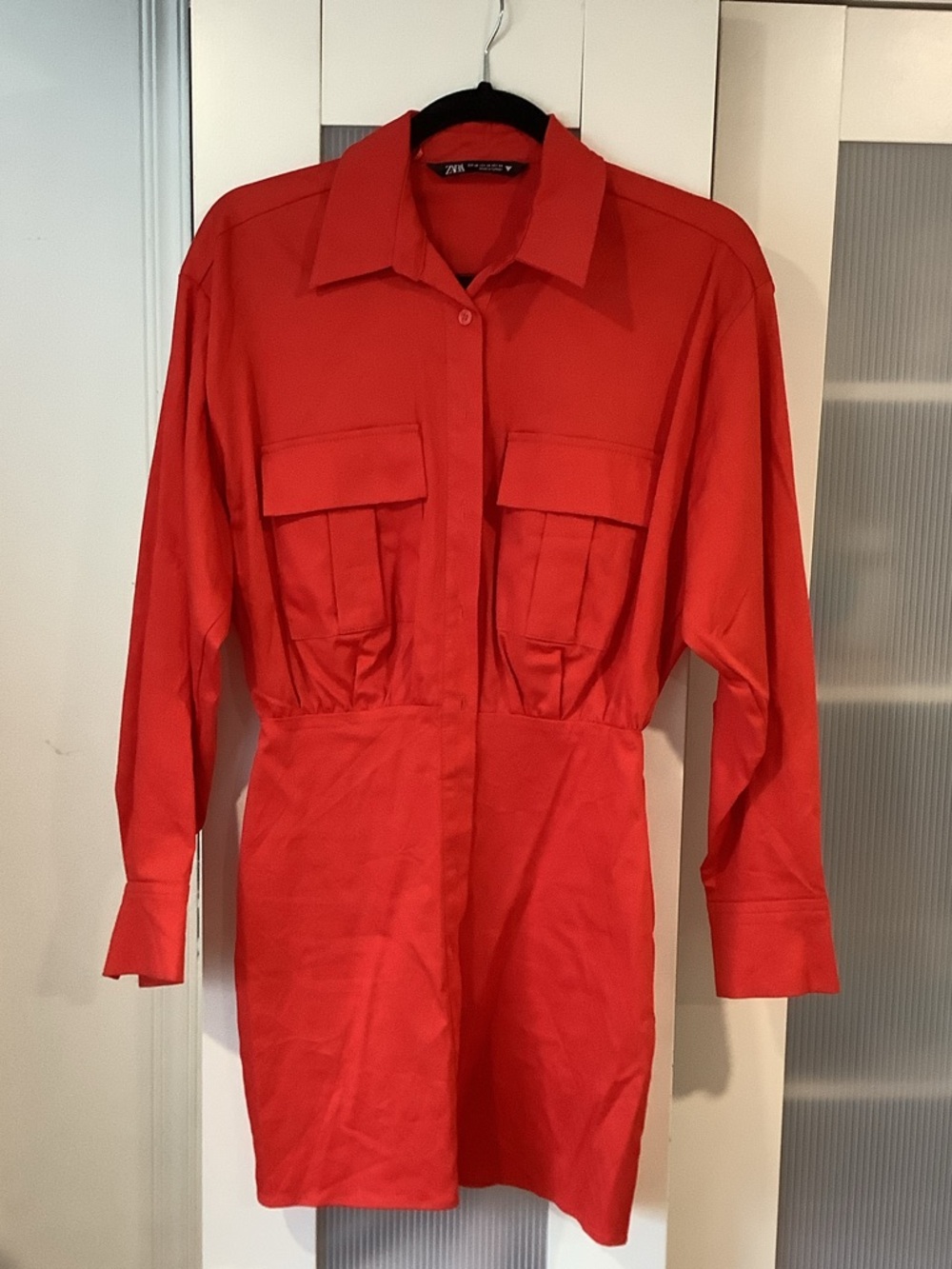 Zara Red Utility Shirt Dress with Flap Pockets